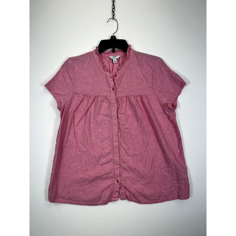 Crown & Ivy Blouse Women’s Large Pink Short Sleeve Button Up Linen Blend